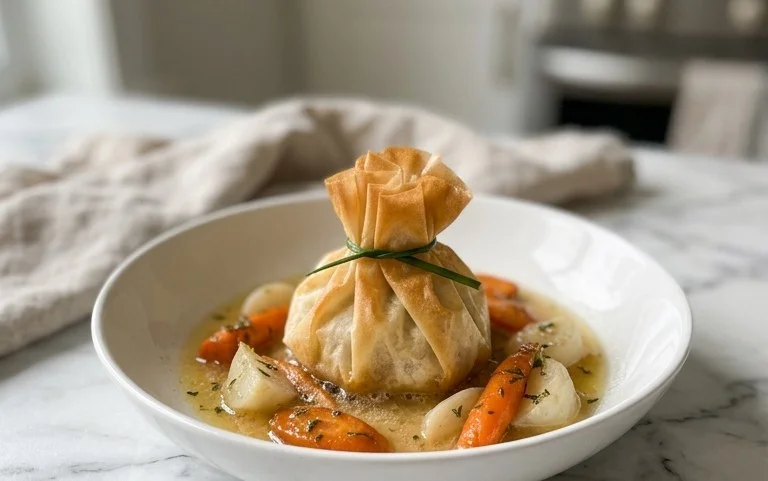 Aumônières de loup de mer, sauce au raisin pétillant